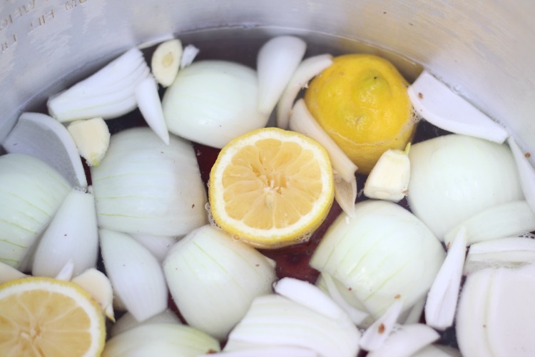 pot with water lemons onion and garlic