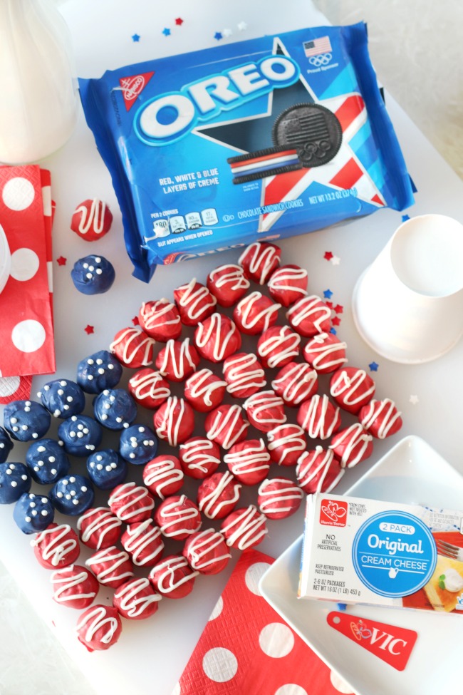 oreo truffle flag dessert with package of oreos and red napkins