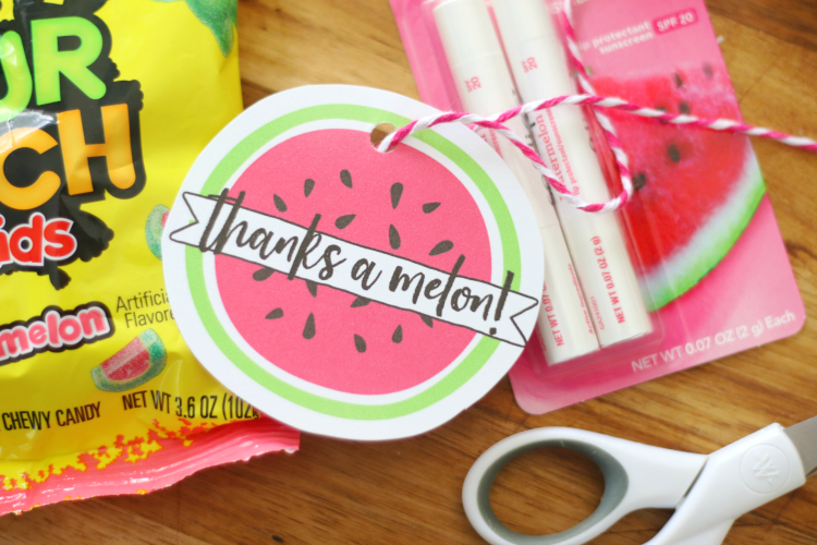 thanks a melon printable tag cut out with twine and scissors on table