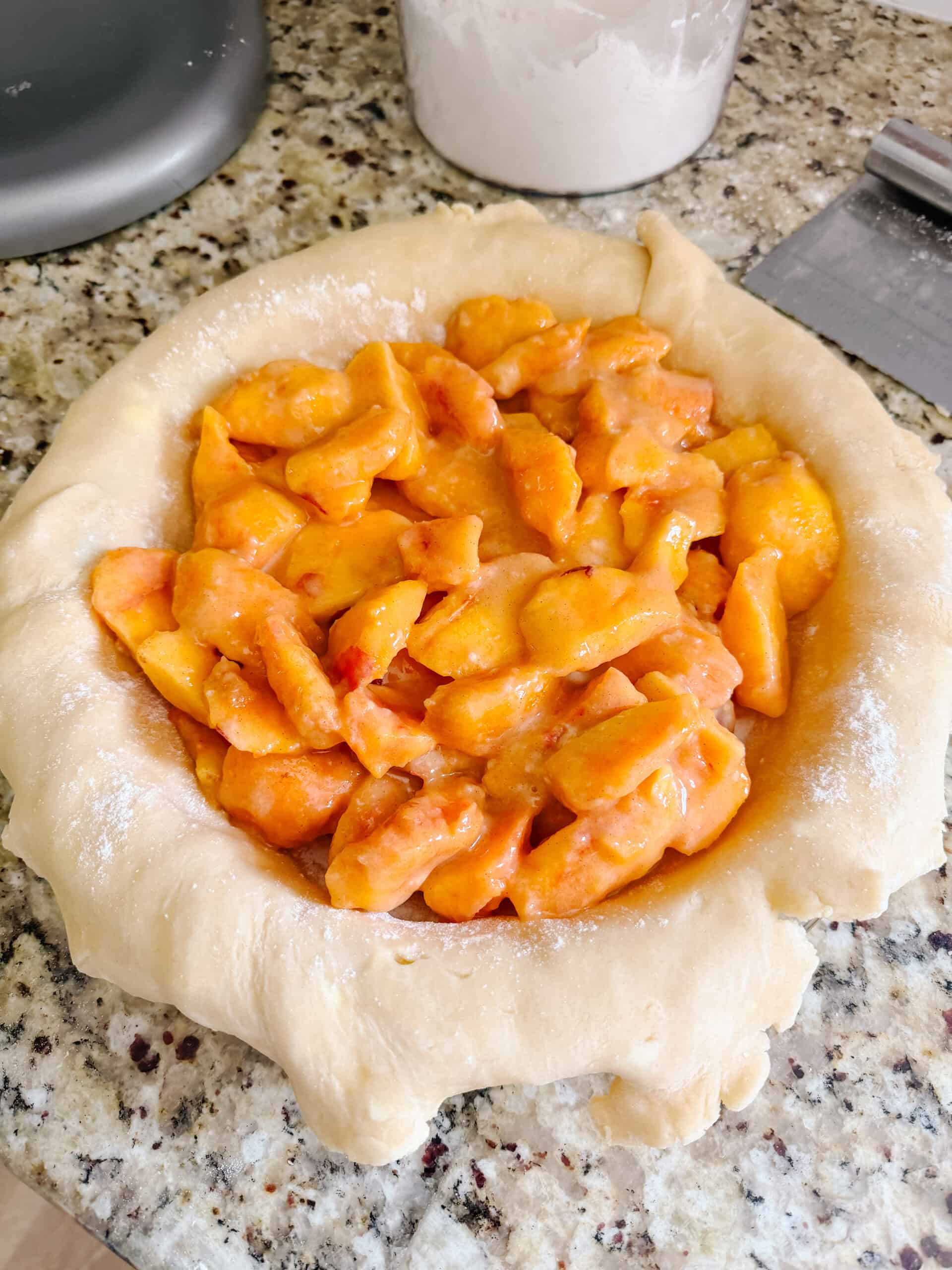 Peach pie filling in crust.