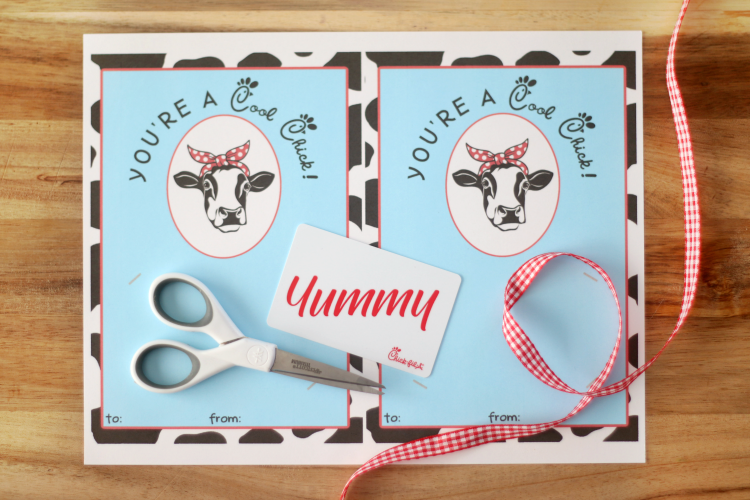 chick-fil-a printable on table with scissors, ribbon and gift card