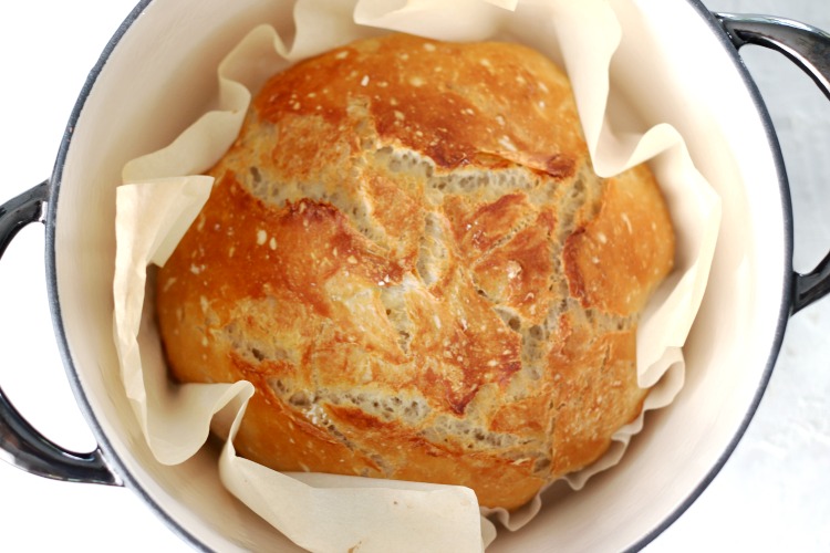 baked crusty no knead bread in dutch oven