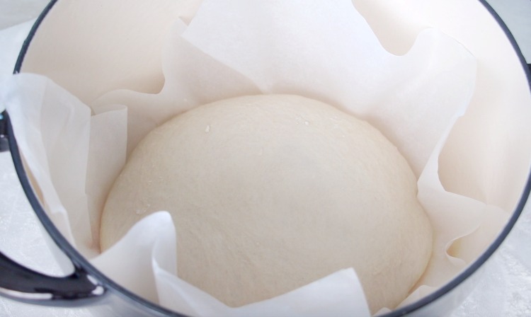 dough in dutch oven with parchment paper ready to bake