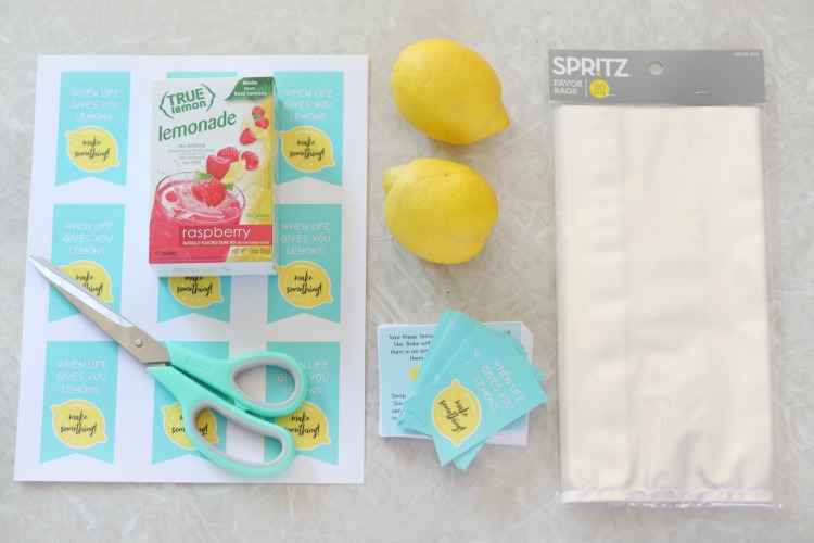 printable tags on table with clear bags, lemons, and lemonade packets