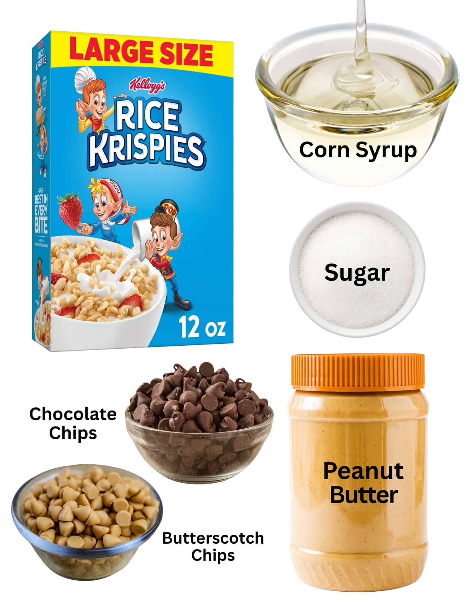 Box of rice krispies cereal, bowls of corn syrup and sugar, chocolate chips and butterscotch chips. Container of peanut butter.