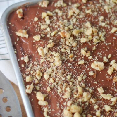 frosted texas sheet cake with walnuts