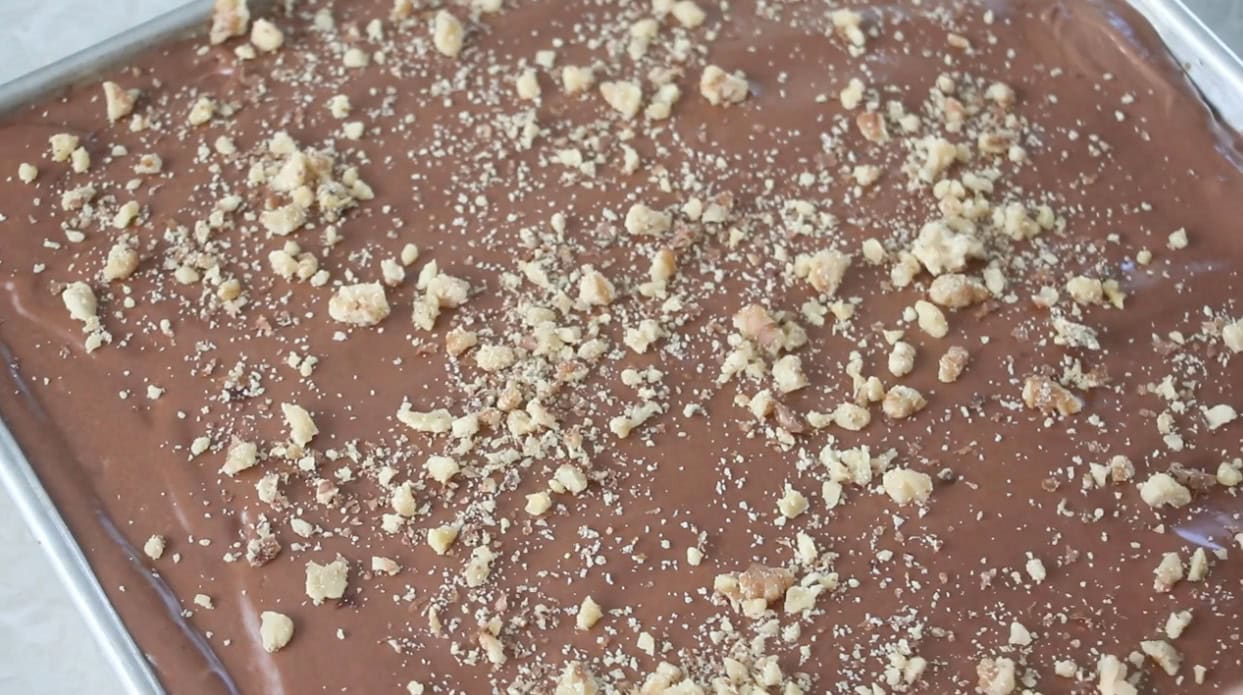 Frosted Texas sheet cake in pan.