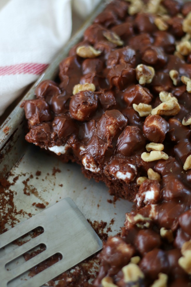 pan of rocky road sheet cake with slice missing