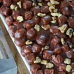rocky road texas sheet cake baked in pan and frosted