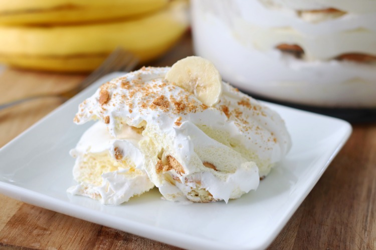 serving of banana trifle on white plate