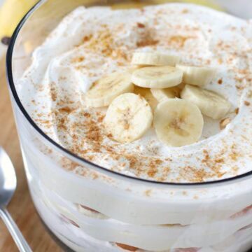 trifle layered in glass bowl