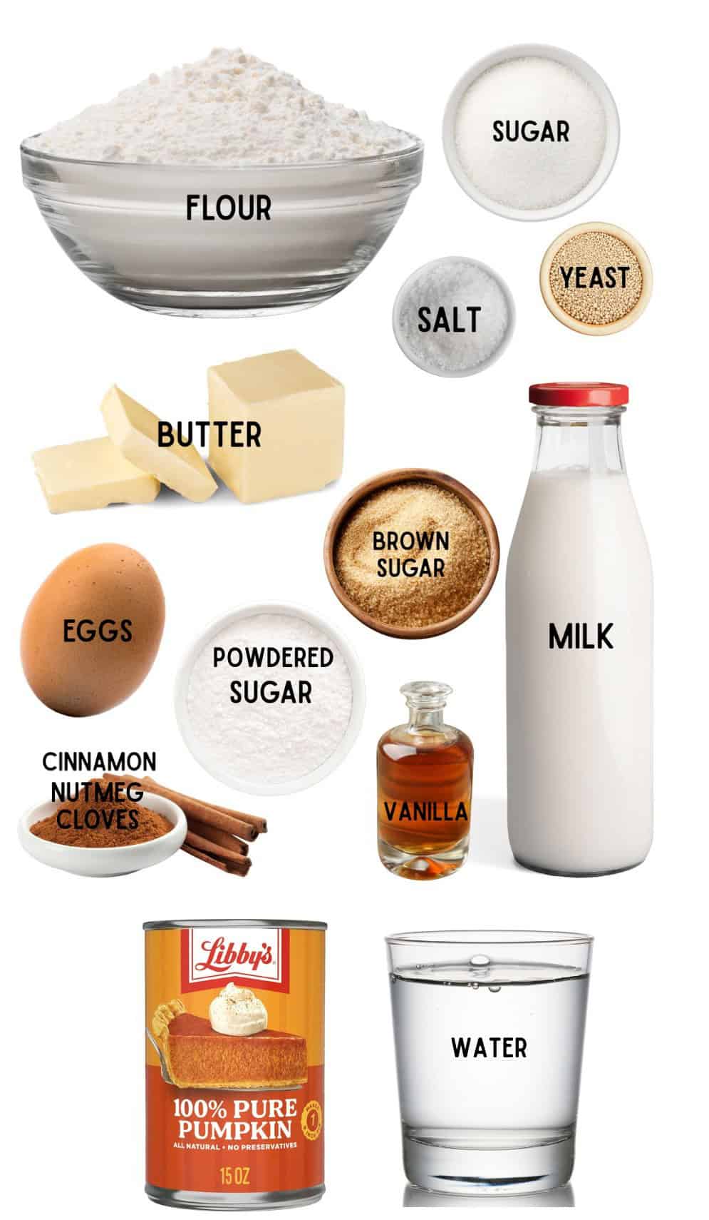 Bowle of flour, salt, sugar, powdered sugar, cinnamon and spices, stick of butter, bottle of milk, cup of water, vanilla and an egg.
