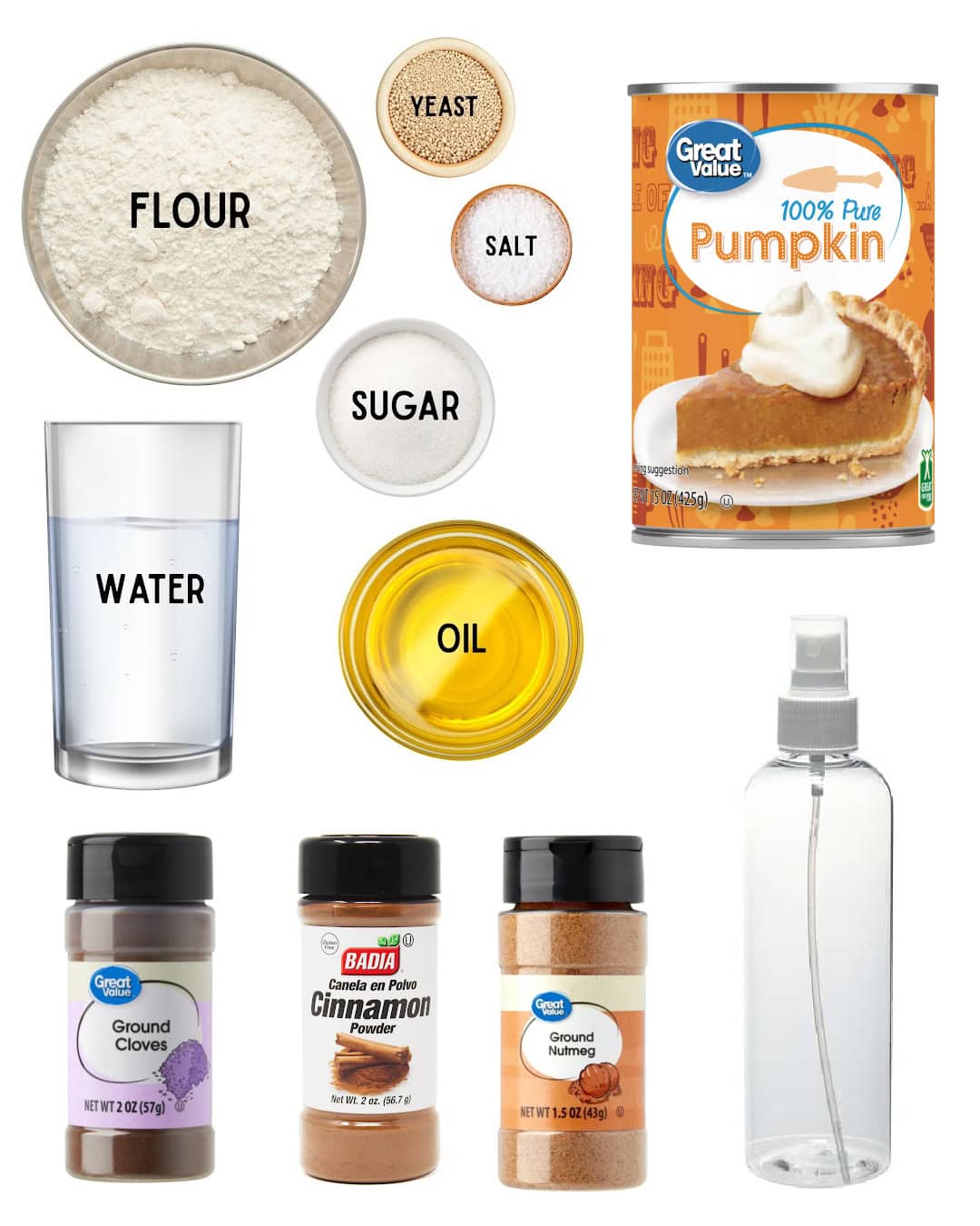Bowls of flour, yeast, sugar, salt, can of pumpkin puree, small spray bottle, cup of water, bottles of cinnamon, nutmeg and cloves, bowl of oil.