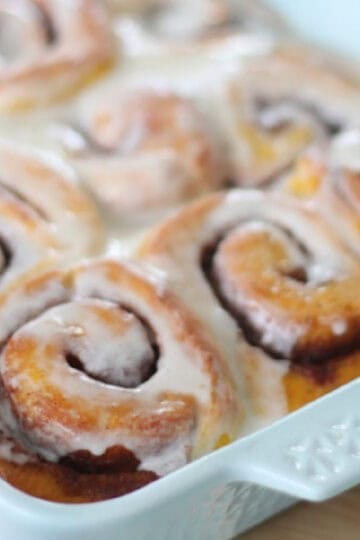 Baking dish of pumpkin cinnamon rolls.