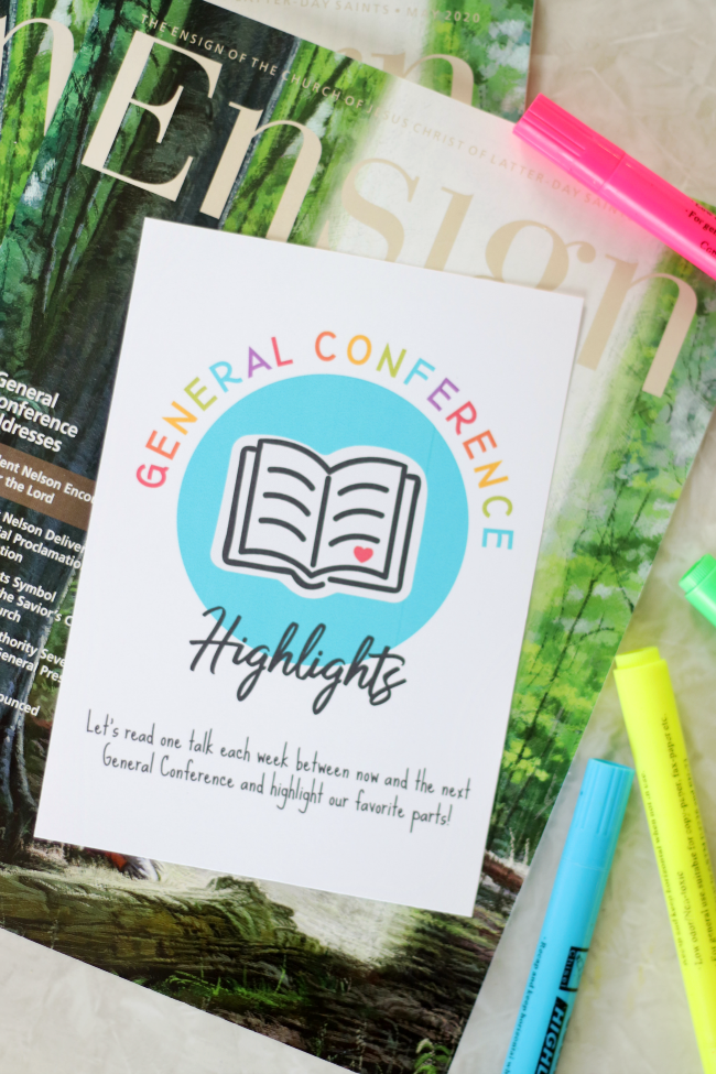general conference highlights handout on top of copy of ensign magazine