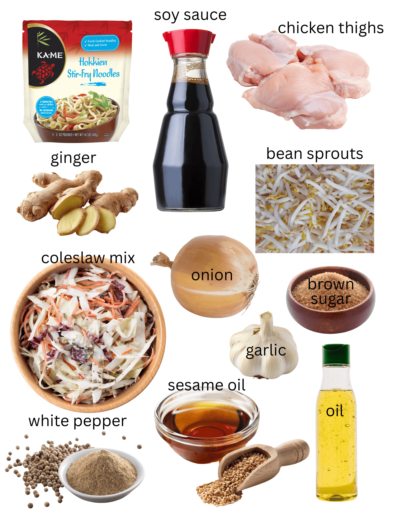Bag of stir fry noodles, bottle of soy sauce, chicken thighs, bean sprouts, ginger, onion, garlic, bowl of brown sugar, botle of vegetable oil, bowl of sesame oil, white pepper and bowl of coleslaw mix.