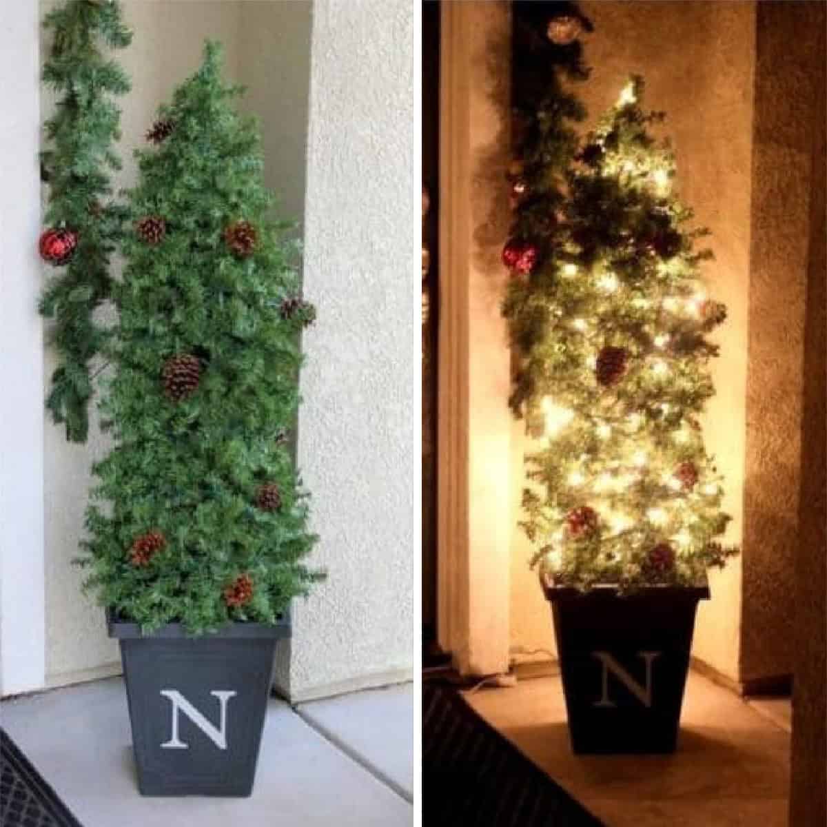 Side by side of topiary without lights on and topiary with white lights on.