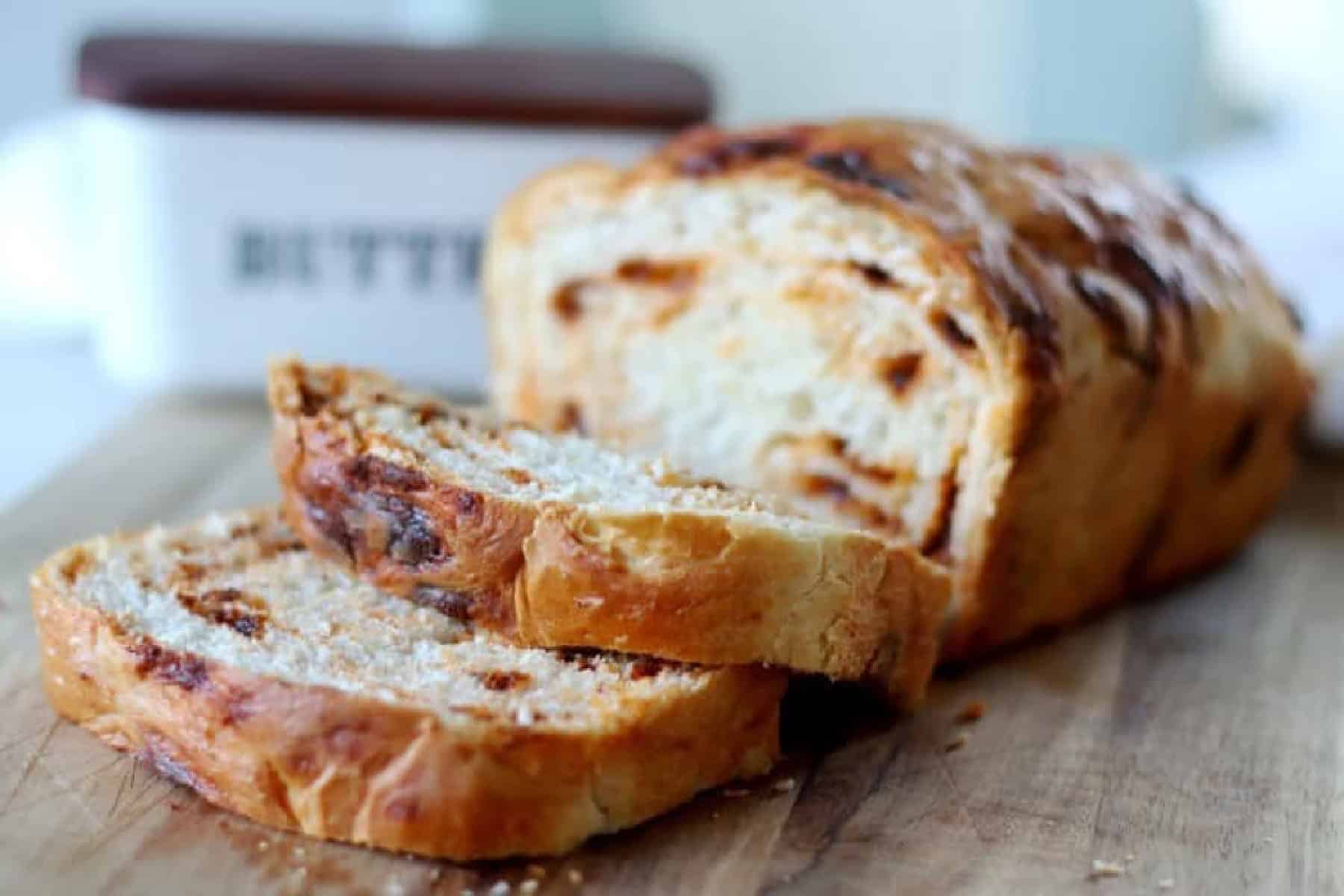 Loaf of sliced cinnamon chip bread.