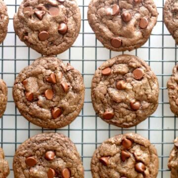 double chocolate chip cookies on cooling rack