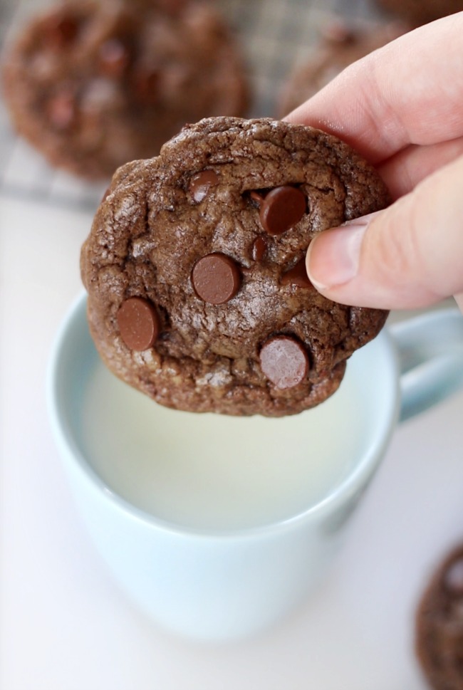 double chocolate chip cookie and cup of milk