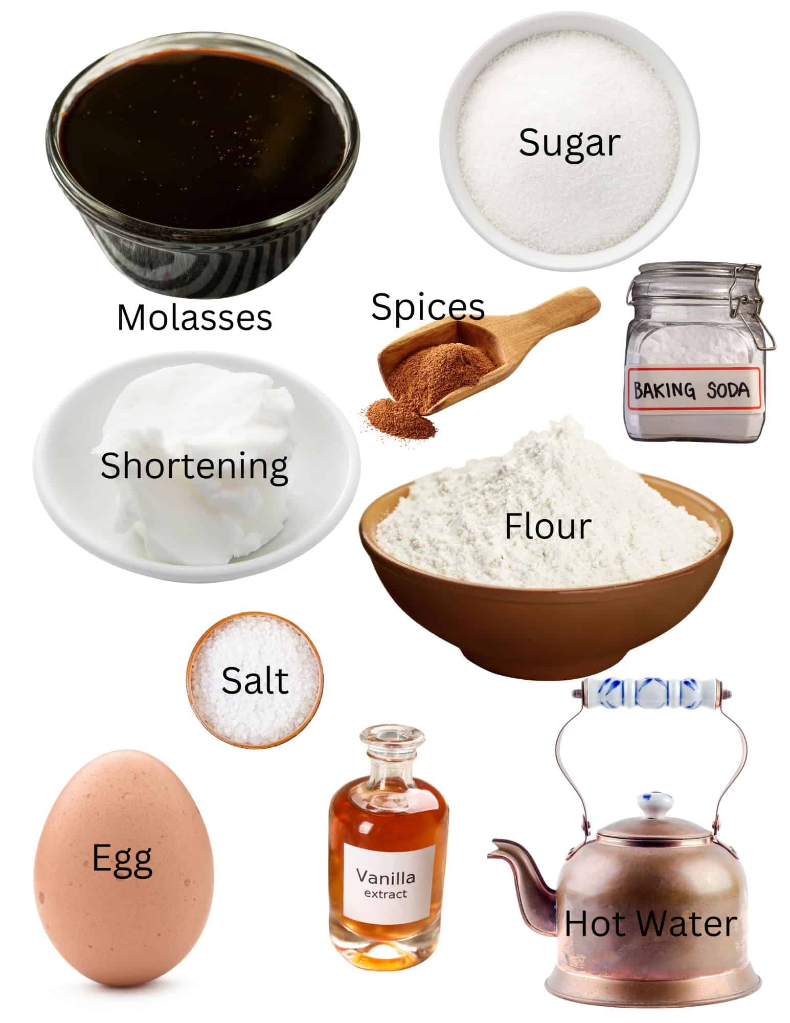 Bowls of molasses, shortening, sugar, flor, salt, jars of baking soda and vanilla, an egg, teapot and spices.