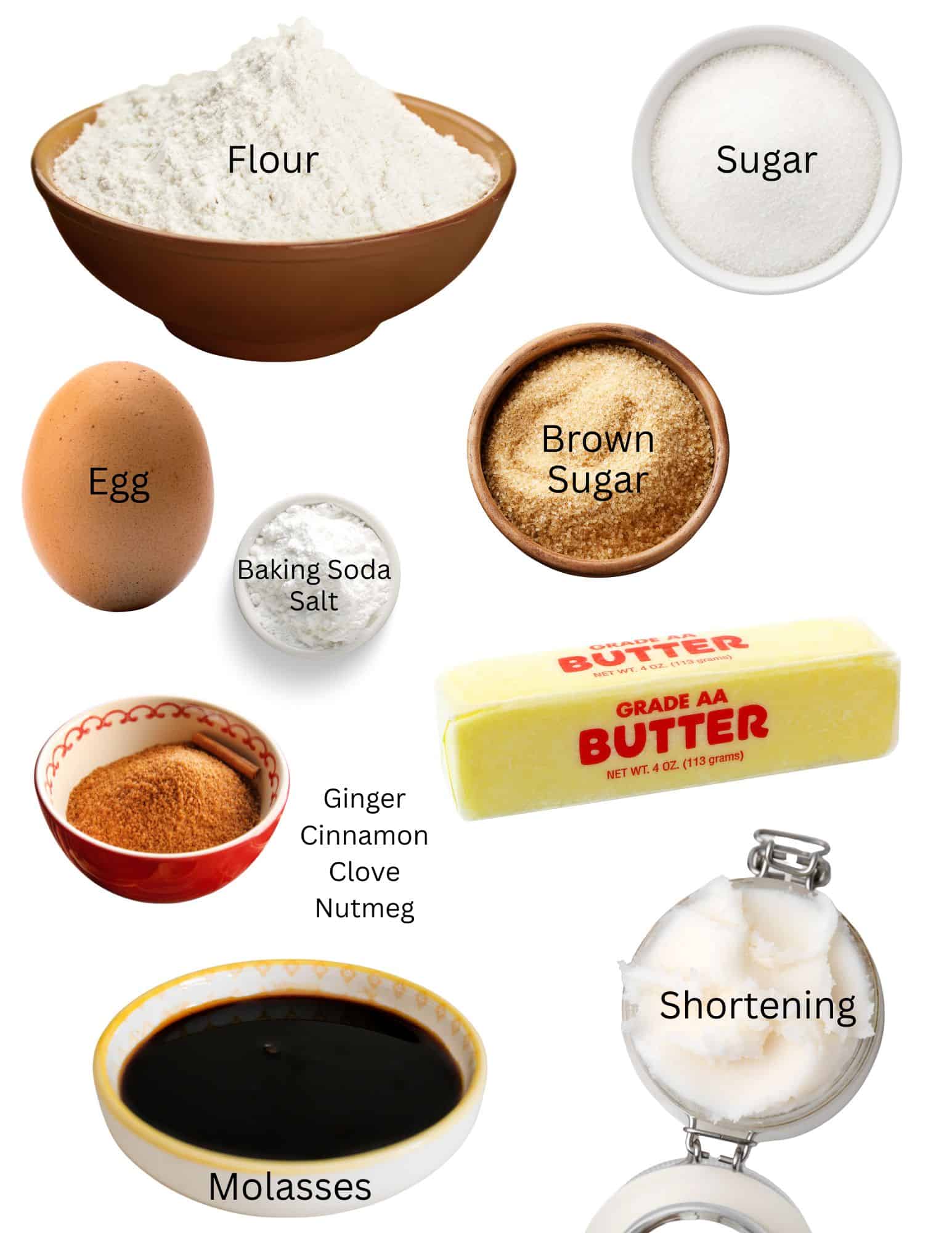 Bowls of flour, sugar, brown sugar, baking soda and salt, spices, molasses, shortening, butter and an egg.