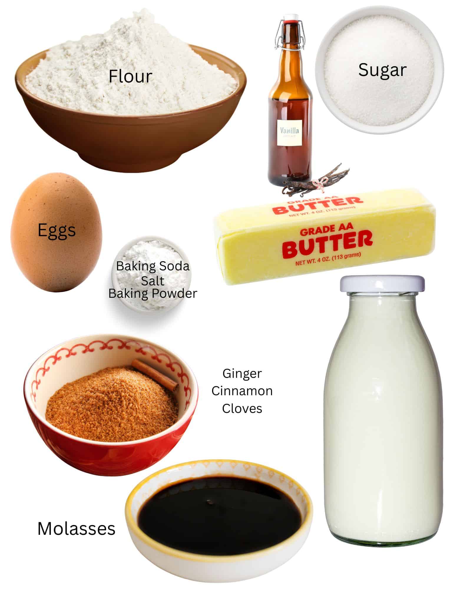 Bowls of flour, sugar, spices, baking soda, salt and baking powder, bottle of vanilla, egg, stick of butter and bottle of milk.