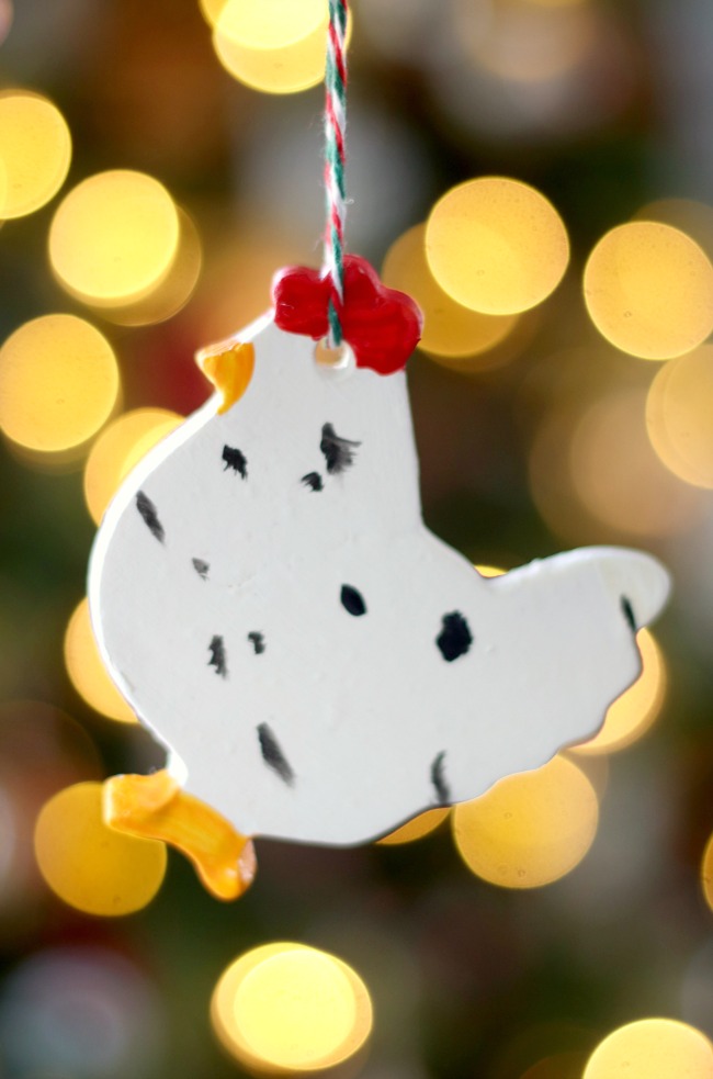 chicken ornament on tree