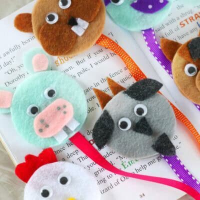 chicken, hippo, goat, chipmunk, narwhal and horse felt bookmarks