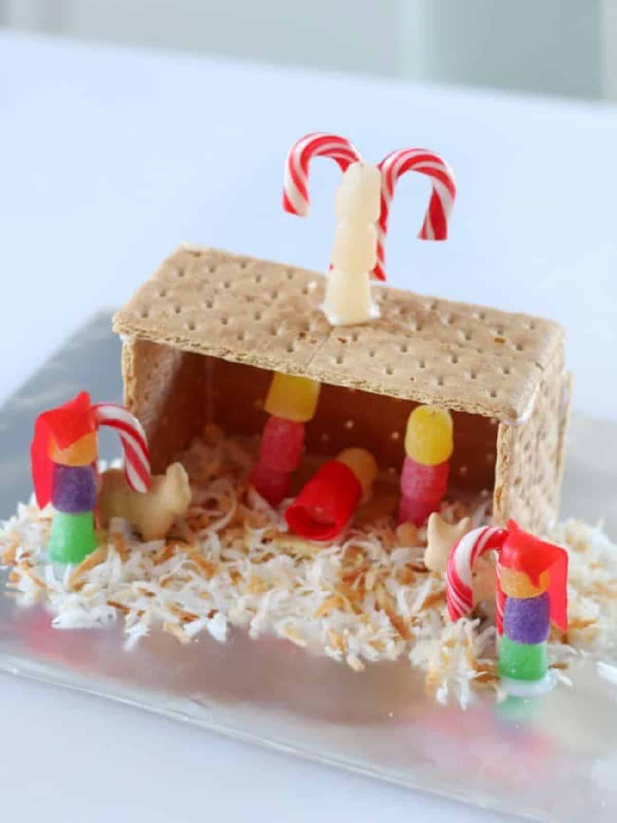 Nativity made from graham crackers and candy.