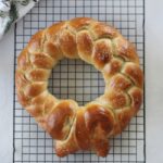 buttered pretzel wreath on baking rack
