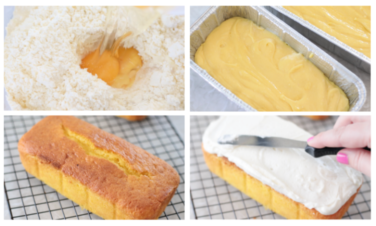 collage of process shots, batter, batter in pan, baked cake and frosted loaf cake