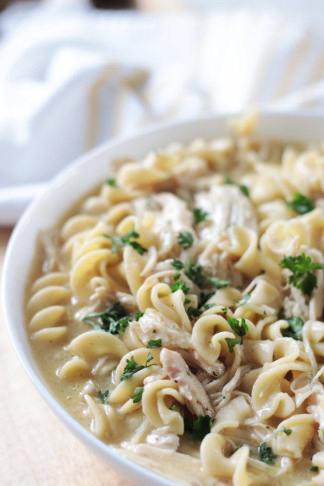 bowl of chicken and noodles sprinkled with parsley