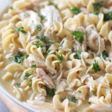 serving bowl of slow cooker chicken and noodles