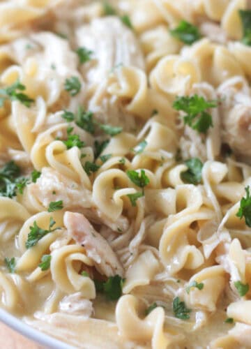 serving bowl of slow cooker chicken and noodles