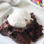plate with lava cake and scoop of vanilla ice cream