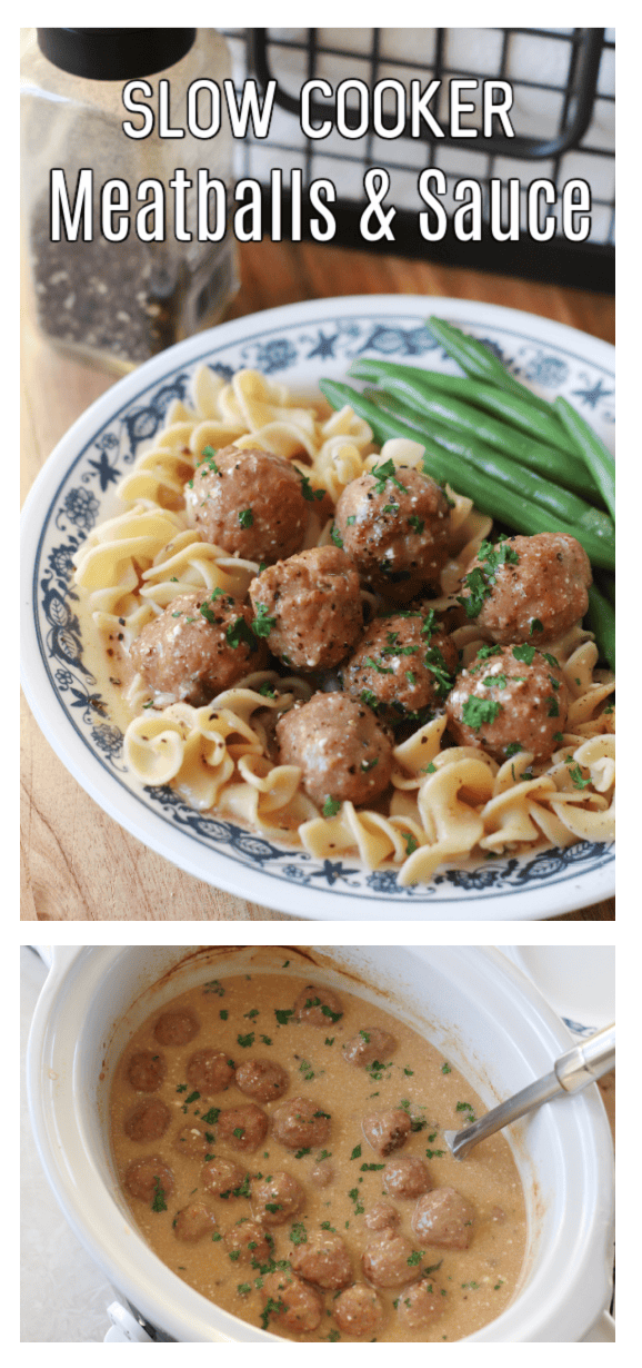 slow cooker meatballs and sauce on plate and in slow cooker