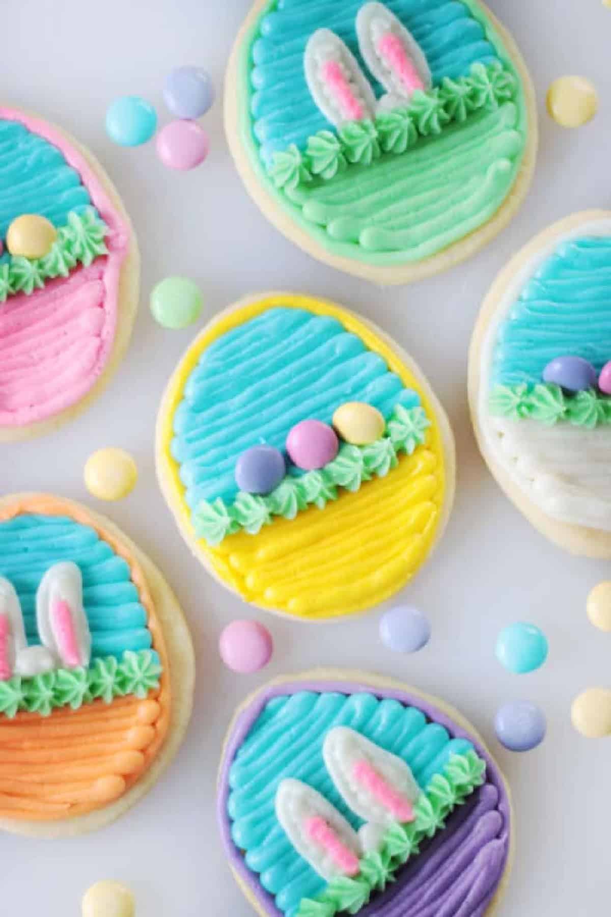 Easter basket sugar cookies decorated with buttercream frosting.