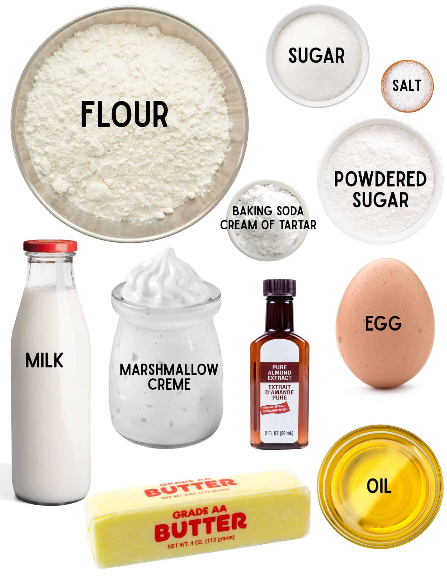 Bowls of flour, sugar, powdered sugar, salt, baking soda, cream of tartar, bottle of milk, jar of marshmallow creme, almond extract, an egg, bowl of oil and stick of butter.