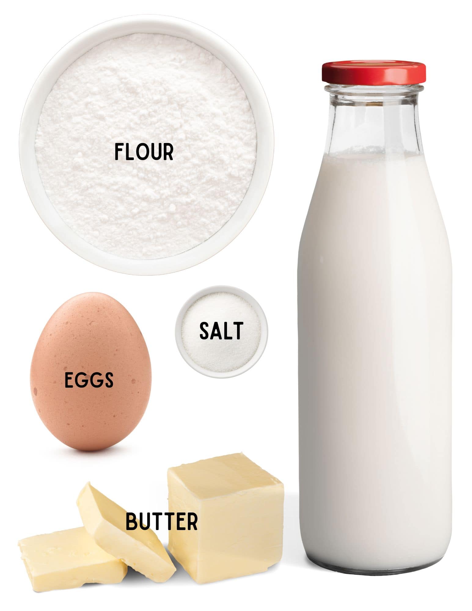 Bowls of flour and salt, eggs, stick of butter and bottle of milk.