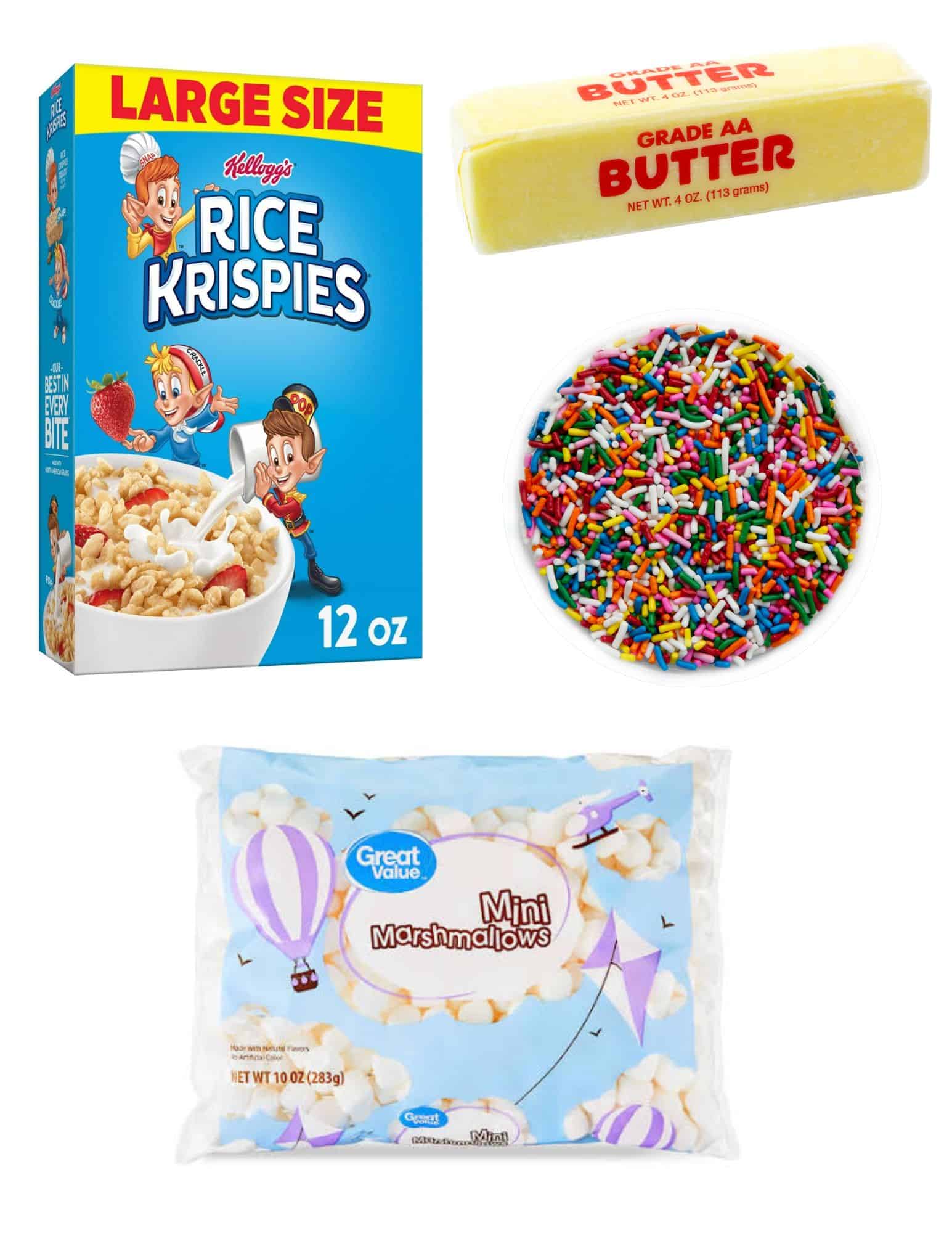 Box of rice krispies cereal, stick of butter, bowl of rainbow sprinkles, bag of marshmallows.