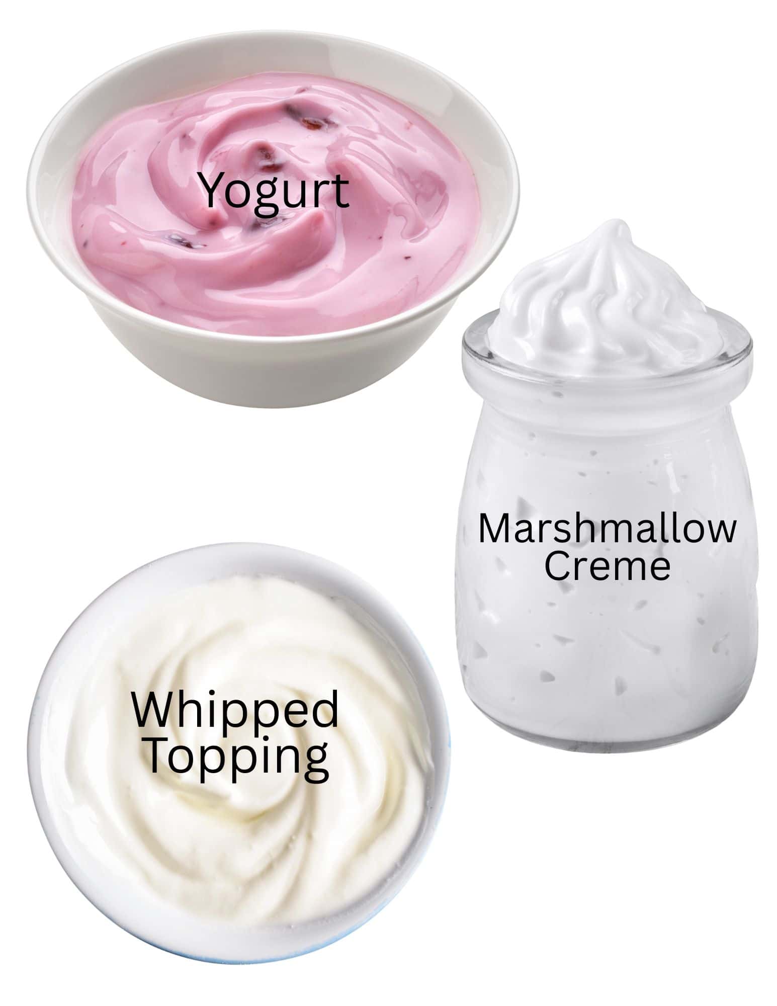 Bowl of strawberry yogurt, container of marshmallow creme, and bowl of whipped topping.