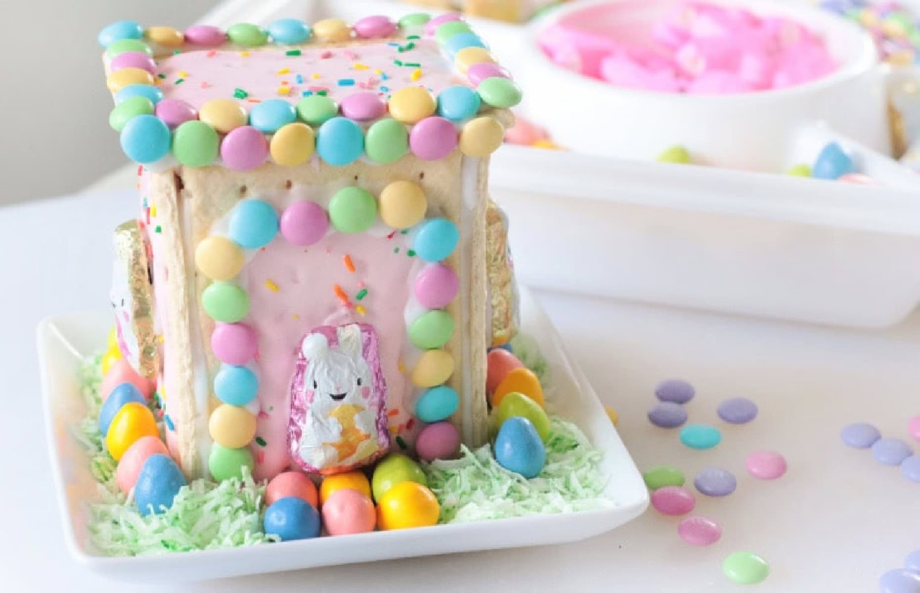Pop Tart bunny house on white plate.