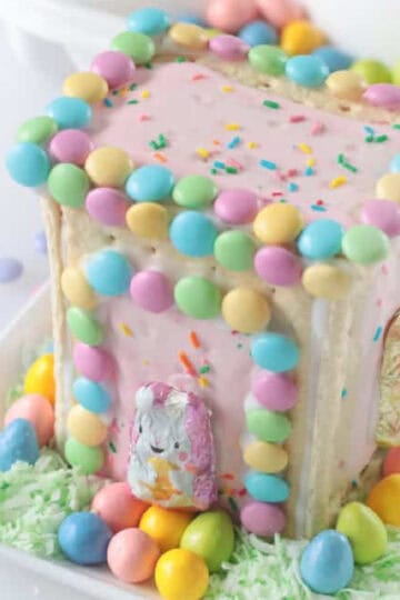 Pop Tart bunny house on white plate with candy and coconut grass.