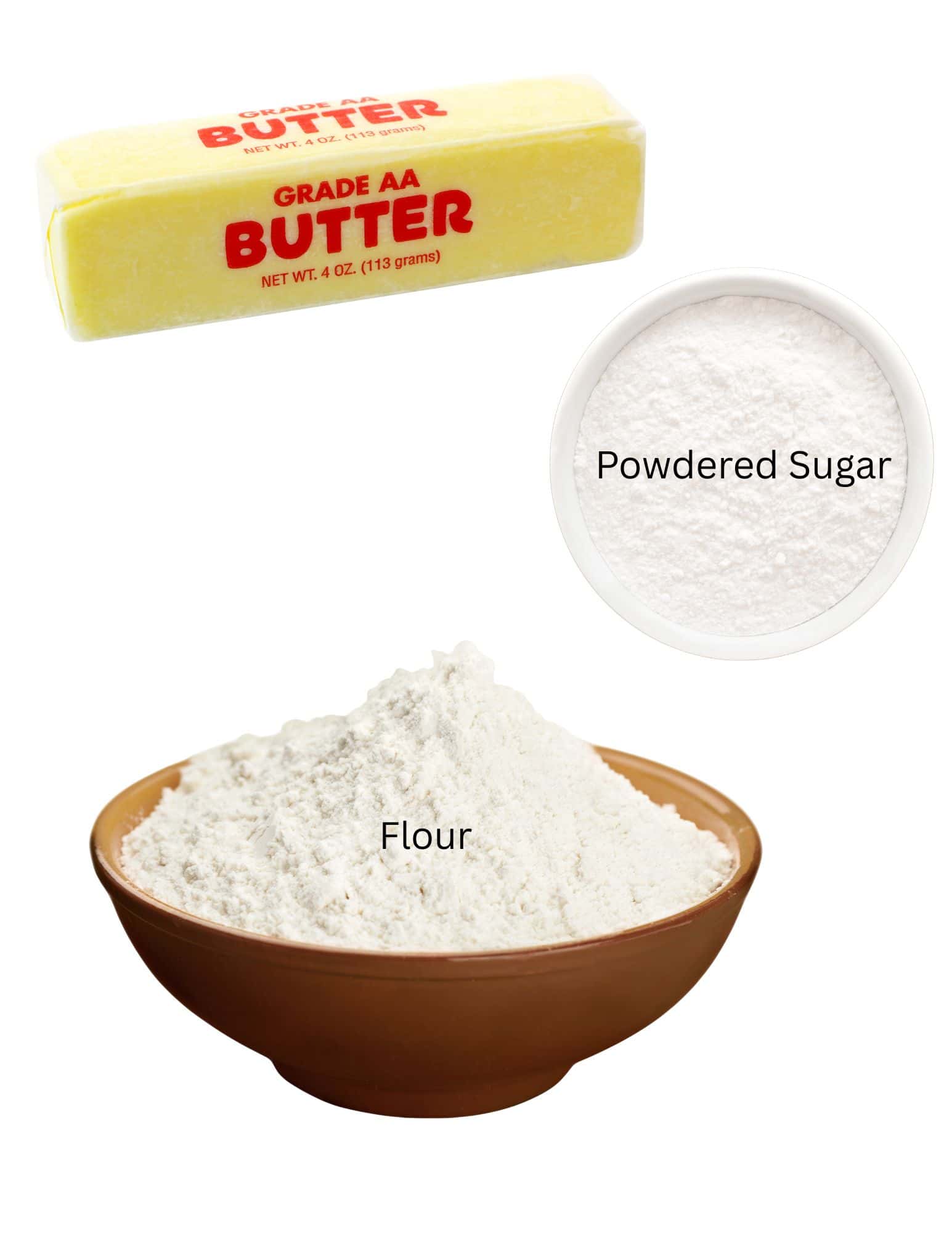 Stick of butter, bowl of powdered sugar and bowl of flour.