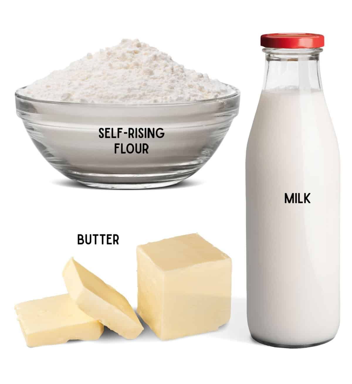 Bowl of self rising flour, bottle of milk and stick of butter.
