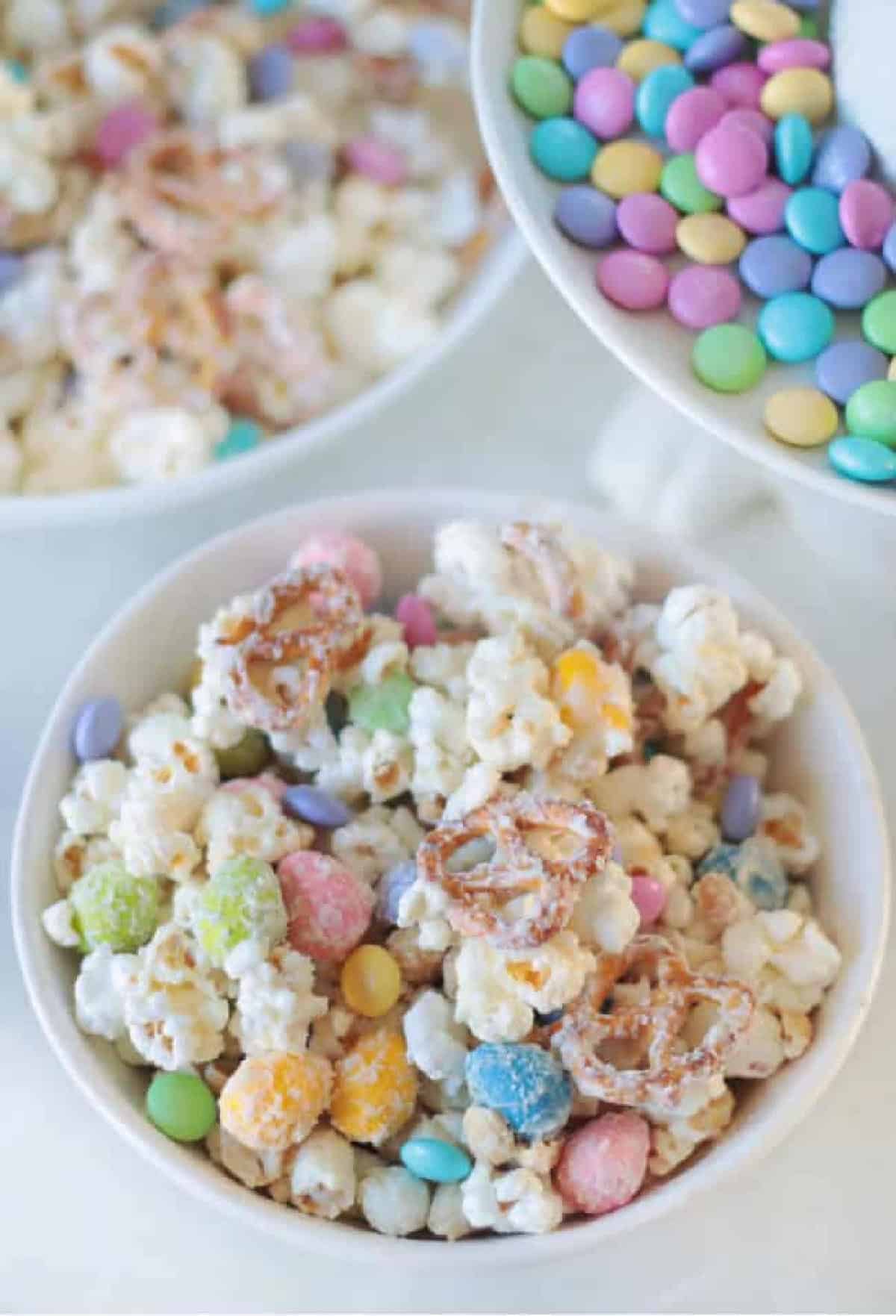 Bowl of bunny bait snack mix.