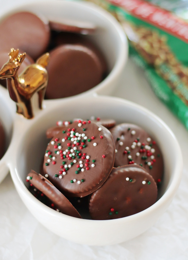 homemade thin mints with Christmas sprinkles