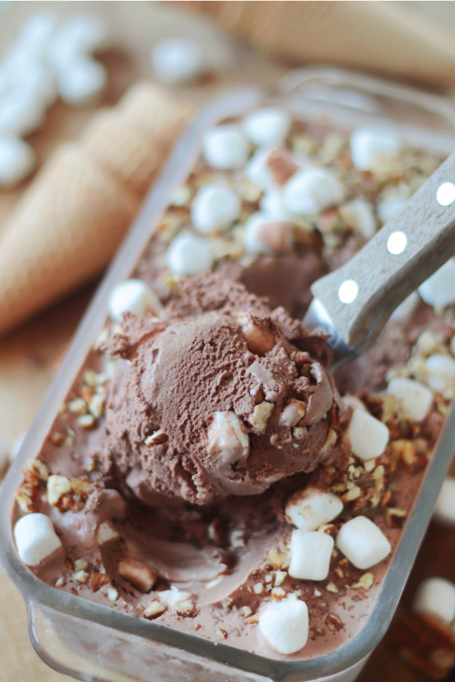 loaf pan full of rocky road ice cream