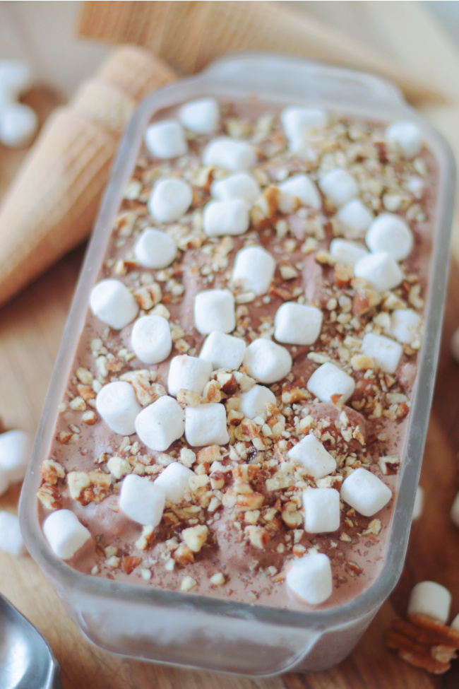 loaf pan filled with rocky road ice cream